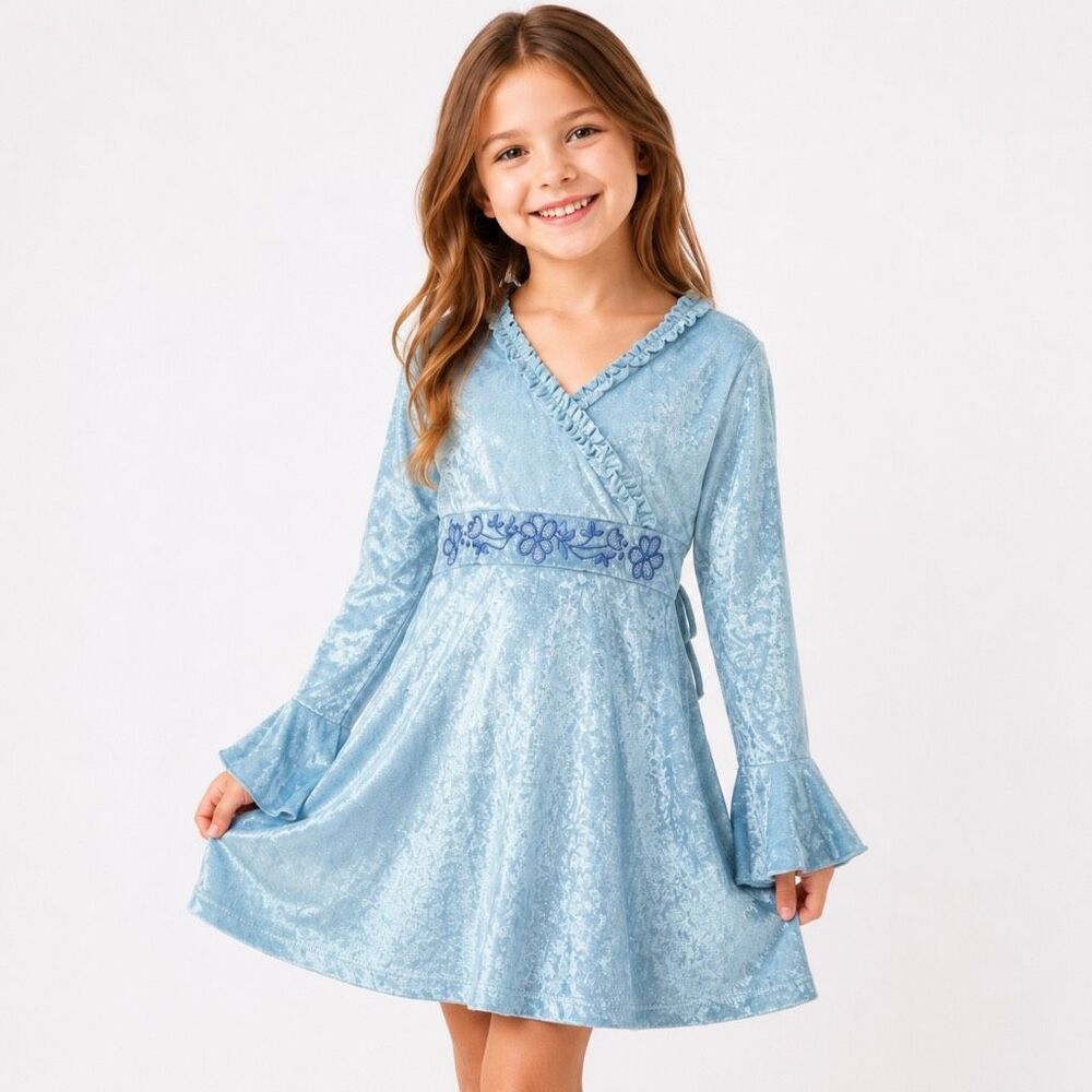 Breli Girls 6X Blue Crushed Velvet Embroidered Bell Sleeve Y2K Party Dress